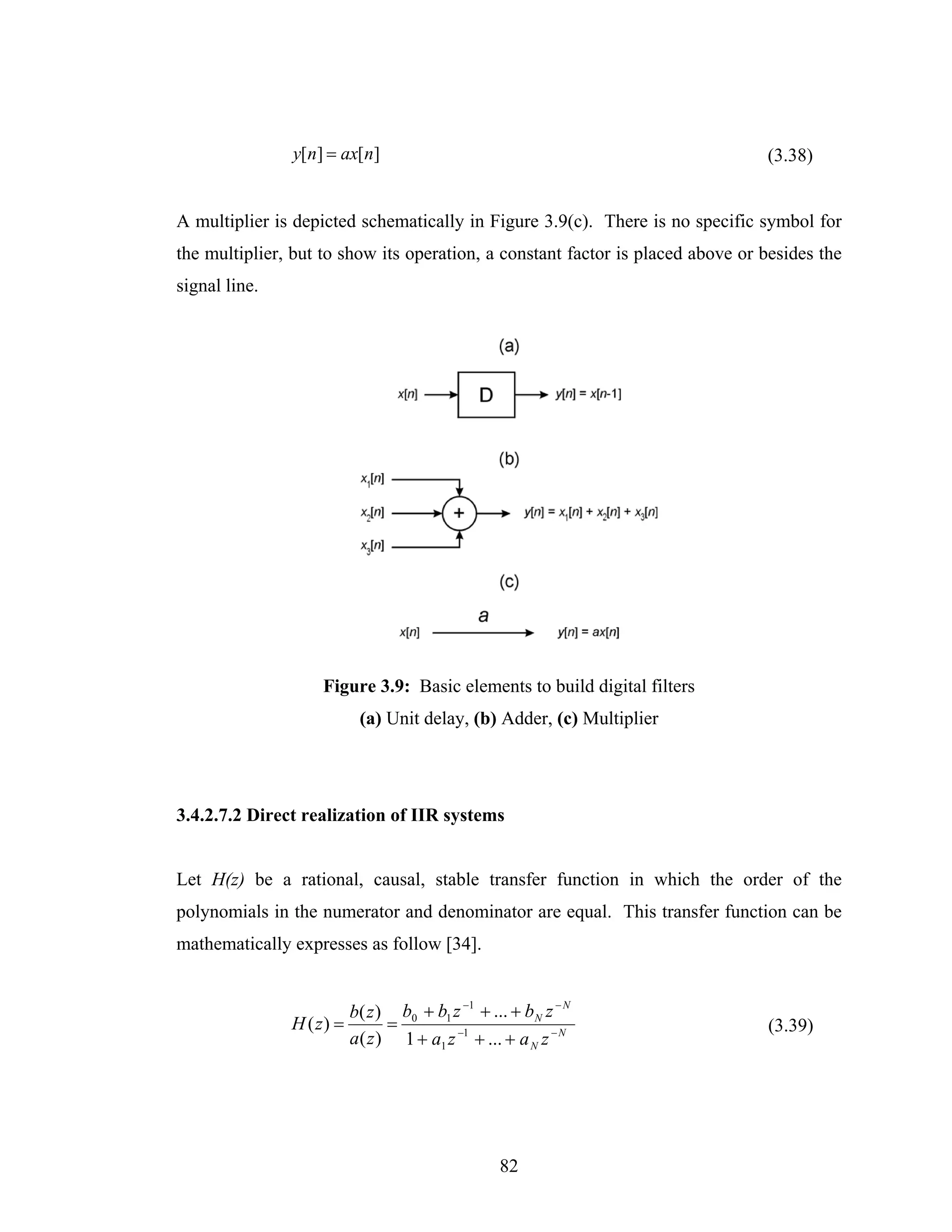 y[n] = ax[n]                                                     (3.38)


A multiplier is depicted schematically in Figure 3.9(c). There is no specific symbol for
the multiplier, but to show its operation, a constant factor is placed above or besides the
signal line.




                    Figure 3.9: Basic elements to build digital filters
                           (a) Unit delay, (b) Adder, (c) Multiplier




3.4.2.7.2 Direct realization of IIR systems


Let H(z) be a rational, causal, stable transfer function in which the order of the
polynomials in the numerator and denominator are equal. This transfer function can be
mathematically expresses as follow [34].


                          b( z ) b0 + b1 z −1 + ... + b N z − N
               H ( z) =          =                                              (3.39)
                          a ( z ) 1 + a1 z −1 + ... + a N z − N




                                                   82
 