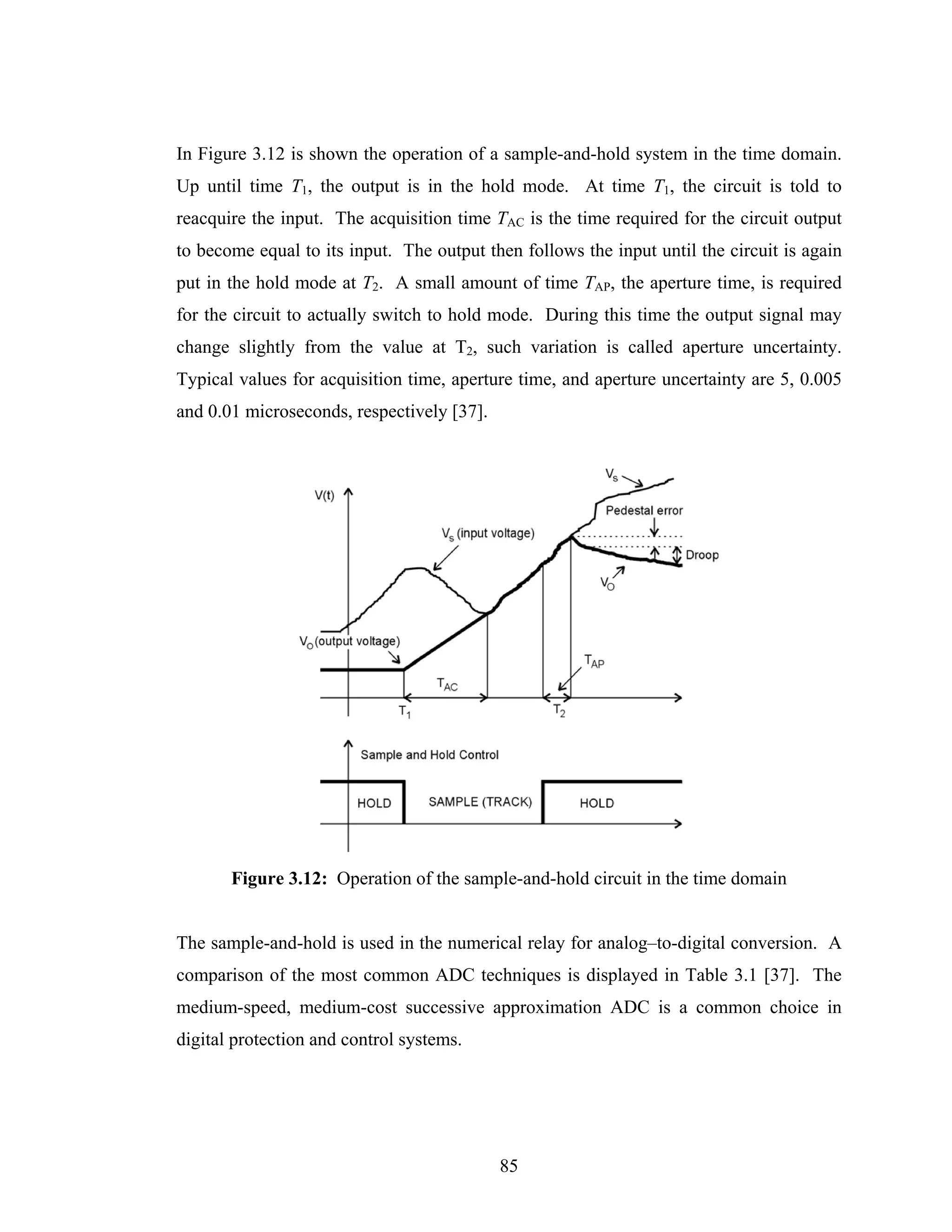 In Figure 3.12 is shown the operation of a sample-and-hold system in the time domain.
Up until time T1, the output is in the hold mode. At time T1, the circuit is told to
reacquire the input. The acquisition time TAC is the time required for the circuit output
to become equal to its input. The output then follows the input until the circuit is again
put in the hold mode at T2. A small amount of time TAP, the aperture time, is required
for the circuit to actually switch to hold mode. During this time the output signal may
change slightly from the value at T2, such variation is called aperture uncertainty.
Typical values for acquisition time, aperture time, and aperture uncertainty are 5, 0.005
and 0.01 microseconds, respectively [37].




       Figure 3.12: Operation of the sample-and-hold circuit in the time domain


The sample-and-hold is used in the numerical relay for analog–to-digital conversion. A
comparison of the most common ADC techniques is displayed in Table 3.1 [37]. The
medium-speed, medium-cost successive approximation ADC is a common choice in
digital protection and control systems.




                                            85
 