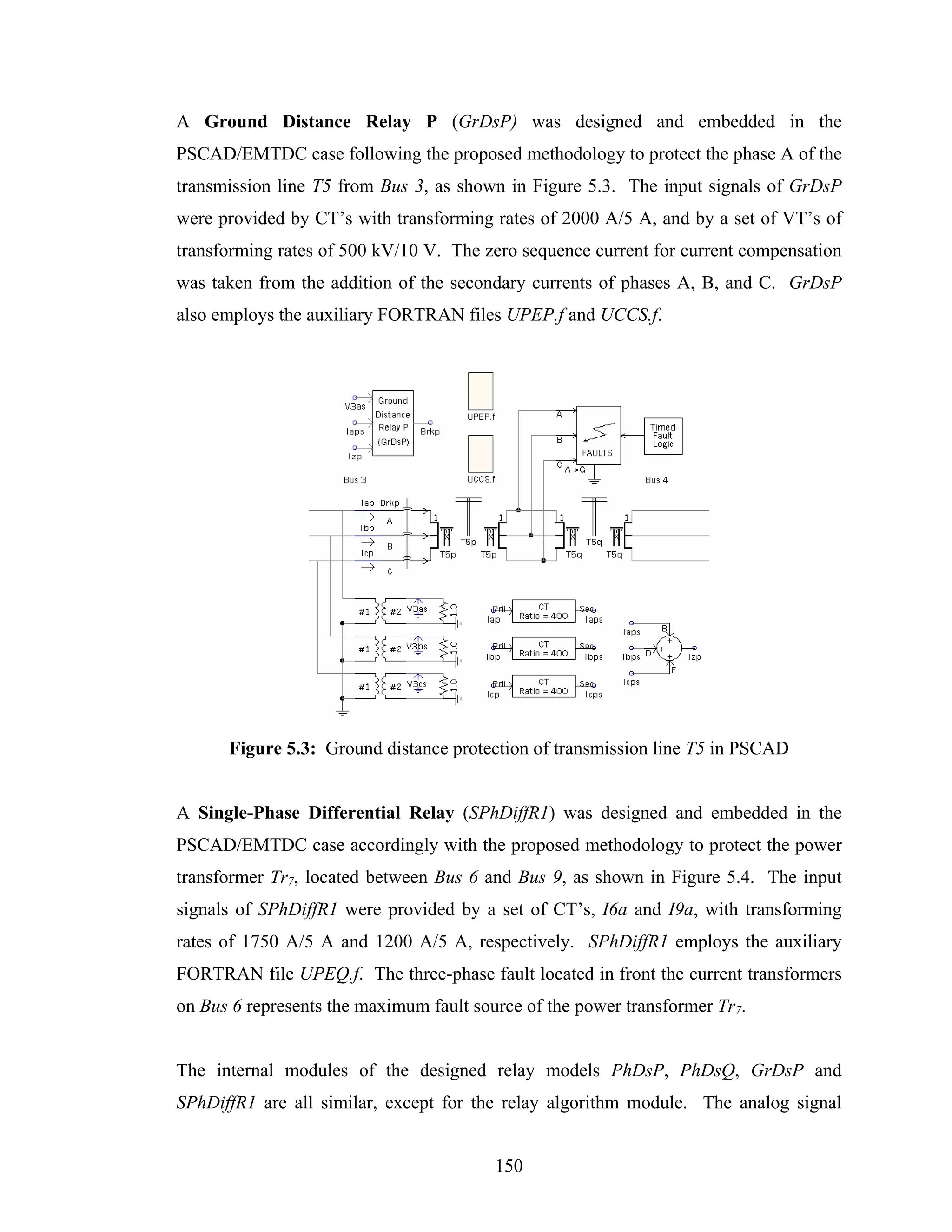 A Ground Distance Relay P (GrDsP) was designed and embedded in the
PSCAD/EMTDC case following the proposed methodology to protect the phase A of the
transmission line T5 from Bus 3, as shown in Figure 5.3. The input signals of GrDsP
were provided by CT’s with transforming rates of 2000 A/5 A, and by a set of VT’s of
transforming rates of 500 kV/10 V. The zero sequence current for current compensation
was taken from the addition of the secondary currents of phases A, B, and C. GrDsP
also employs the auxiliary FORTRAN files UPEP.f and UCCS.f.




      Figure 5.3: Ground distance protection of transmission line T5 in PSCAD


A Single-Phase Differential Relay (SPhDiffR1) was designed and embedded in the
PSCAD/EMTDC case accordingly with the proposed methodology to protect the power
transformer Tr7, located between Bus 6 and Bus 9, as shown in Figure 5.4. The input
signals of SPhDiffR1 were provided by a set of CT’s, I6a and I9a, with transforming
rates of 1750 A/5 A and 1200 A/5 A, respectively. SPhDiffR1 employs the auxiliary
FORTRAN file UPEQ.f. The three-phase fault located in front the current transformers
on Bus 6 represents the maximum fault source of the power transformer Tr7.


The internal modules of the designed relay models PhDsP, PhDsQ, GrDsP and
SPhDiffR1 are all similar, except for the relay algorithm module. The analog signal


                                         150
 