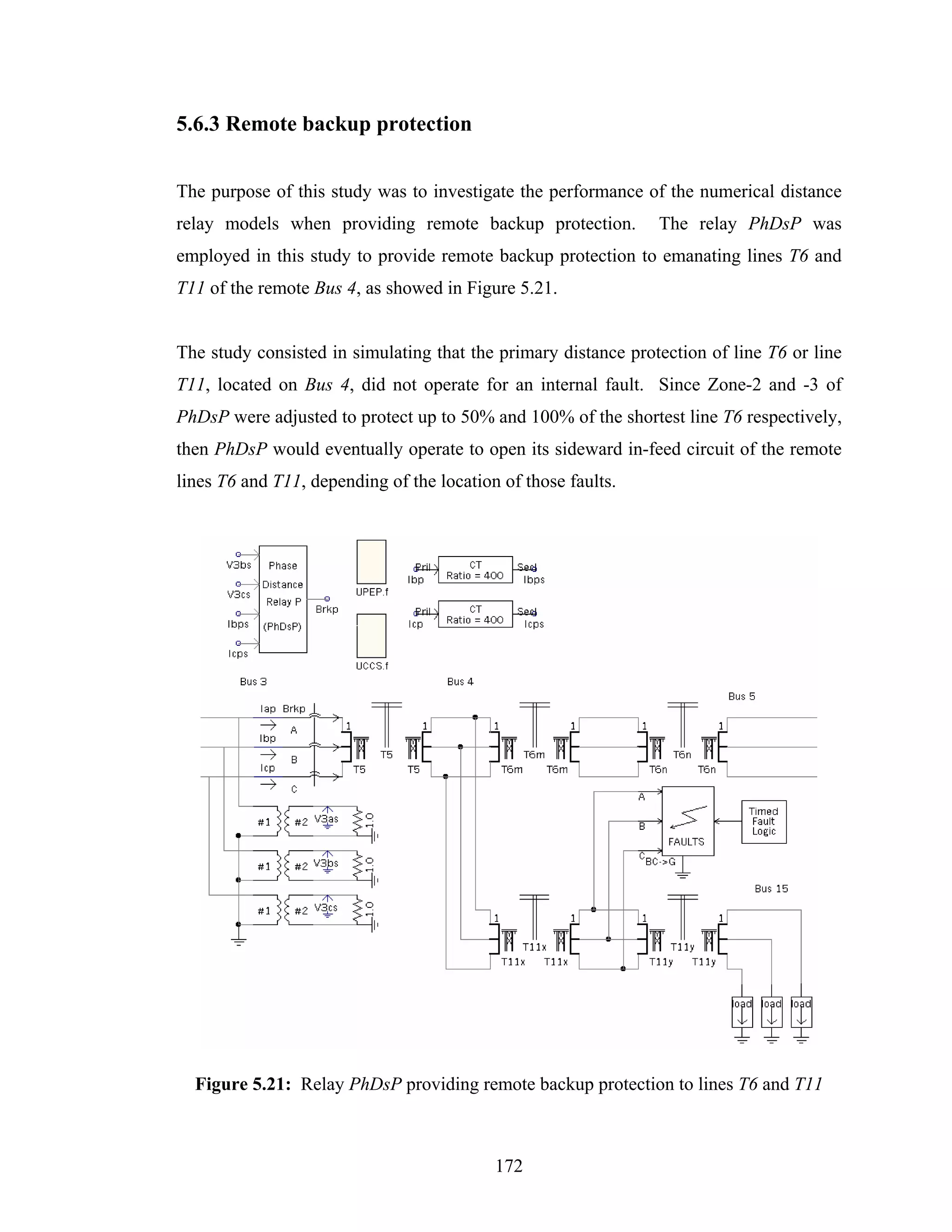 5.6.3 Remote backup protection


The purpose of this study was to investigate the performance of the numerical distance
relay models when providing remote backup protection.           The relay PhDsP was
employed in this study to provide remote backup protection to emanating lines T6 and
T11 of the remote Bus 4, as showed in Figure 5.21.


The study consisted in simulating that the primary distance protection of line T6 or line
T11, located on Bus 4, did not operate for an internal fault. Since Zone-2 and -3 of
PhDsP were adjusted to protect up to 50% and 100% of the shortest line T6 respectively,
then PhDsP would eventually operate to open its sideward in-feed circuit of the remote
lines T6 and T11, depending of the location of those faults.




  Figure 5.21: Relay PhDsP providing remote backup protection to lines T6 and T11



                                           172
 