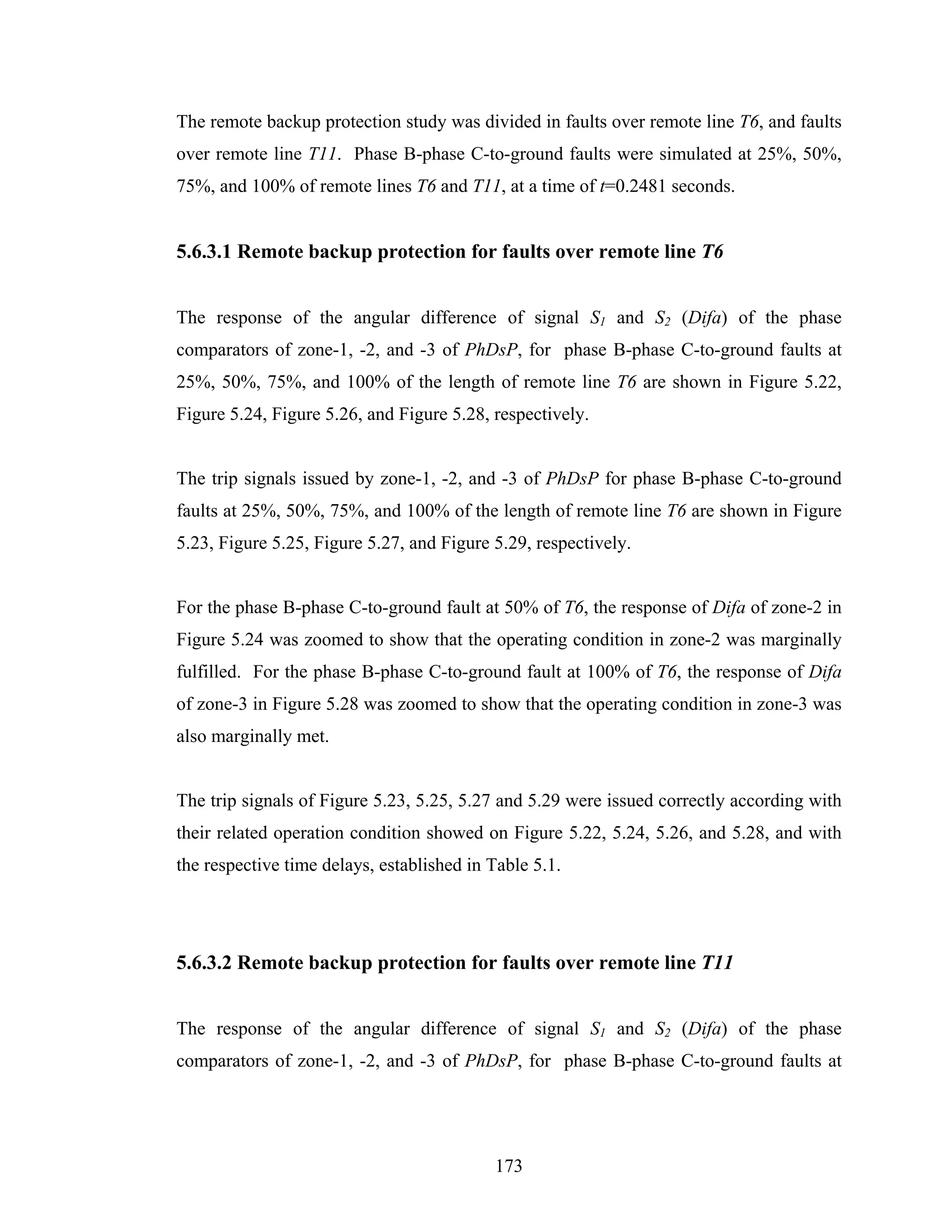 The remote backup protection study was divided in faults over remote line T6, and faults
over remote line T11. Phase B-phase C-to-ground faults were simulated at 25%, 50%,
75%, and 100% of remote lines T6 and T11, at a time of t=0.2481 seconds.


5.6.3.1 Remote backup protection for faults over remote line T6


The response of the angular difference of signal S1 and S2 (Difa) of the phase
comparators of zone-1, -2, and -3 of PhDsP, for phase B-phase C-to-ground faults at
25%, 50%, 75%, and 100% of the length of remote line T6 are shown in Figure 5.22,
Figure 5.24, Figure 5.26, and Figure 5.28, respectively.


The trip signals issued by zone-1, -2, and -3 of PhDsP for phase B-phase C-to-ground
faults at 25%, 50%, 75%, and 100% of the length of remote line T6 are shown in Figure
5.23, Figure 5.25, Figure 5.27, and Figure 5.29, respectively.


For the phase B-phase C-to-ground fault at 50% of T6, the response of Difa of zone-2 in
Figure 5.24 was zoomed to show that the operating condition in zone-2 was marginally
fulfilled. For the phase B-phase C-to-ground fault at 100% of T6, the response of Difa
of zone-3 in Figure 5.28 was zoomed to show that the operating condition in zone-3 was
also marginally met.


The trip signals of Figure 5.23, 5.25, 5.27 and 5.29 were issued correctly according with
their related operation condition showed on Figure 5.22, 5.24, 5.26, and 5.28, and with
the respective time delays, established in Table 5.1.




5.6.3.2 Remote backup protection for faults over remote line T11


The response of the angular difference of signal S1 and S2 (Difa) of the phase
comparators of zone-1, -2, and -3 of PhDsP, for phase B-phase C-to-ground faults at




                                           173
 