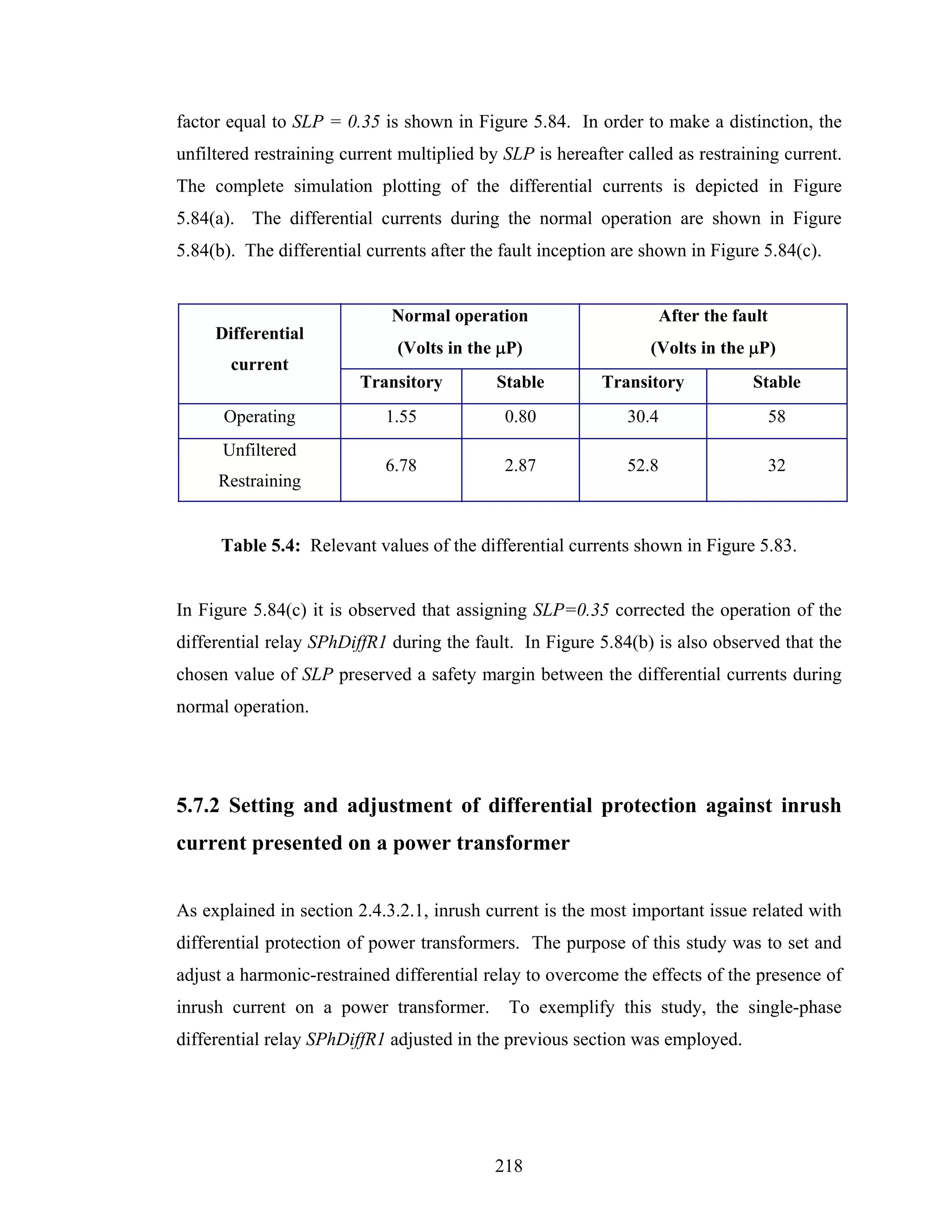 factor equal to SLP = 0.35 is shown in Figure 5.84. In order to make a distinction, the
unfiltered restraining current multiplied by SLP is hereafter called as restraining current.
The complete simulation plotting of the differential currents is depicted in Figure
5.84(a). The differential currents during the normal operation are shown in Figure
5.84(b). The differential currents after the fault inception are shown in Figure 5.84(c).


                             Normal operation                     After the fault
     Differential
                              (Volts in the μP)                  (Volts in the μP)
       current
                         Transitory         Stable        Transitory           Stable
      Operating             1.55             0.80             30.4                  58
      Unfiltered
                            6.78             2.87             52.8                  32
     Restraining


      Table 5.4: Relevant values of the differential currents shown in Figure 5.83.


In Figure 5.84(c) it is observed that assigning SLP=0.35 corrected the operation of the
differential relay SPhDiffR1 during the fault. In Figure 5.84(b) is also observed that the
chosen value of SLP preserved a safety margin between the differential currents during
normal operation.




5.7.2 Setting and adjustment of differential protection against inrush
current presented on a power transformer


As explained in section 2.4.3.2.1, inrush current is the most important issue related with
differential protection of power transformers. The purpose of this study was to set and
adjust a harmonic-restrained differential relay to overcome the effects of the presence of
inrush current on a power transformer.       To exemplify this study, the single-phase
differential relay SPhDiffR1 adjusted in the previous section was employed.




                                            218
 