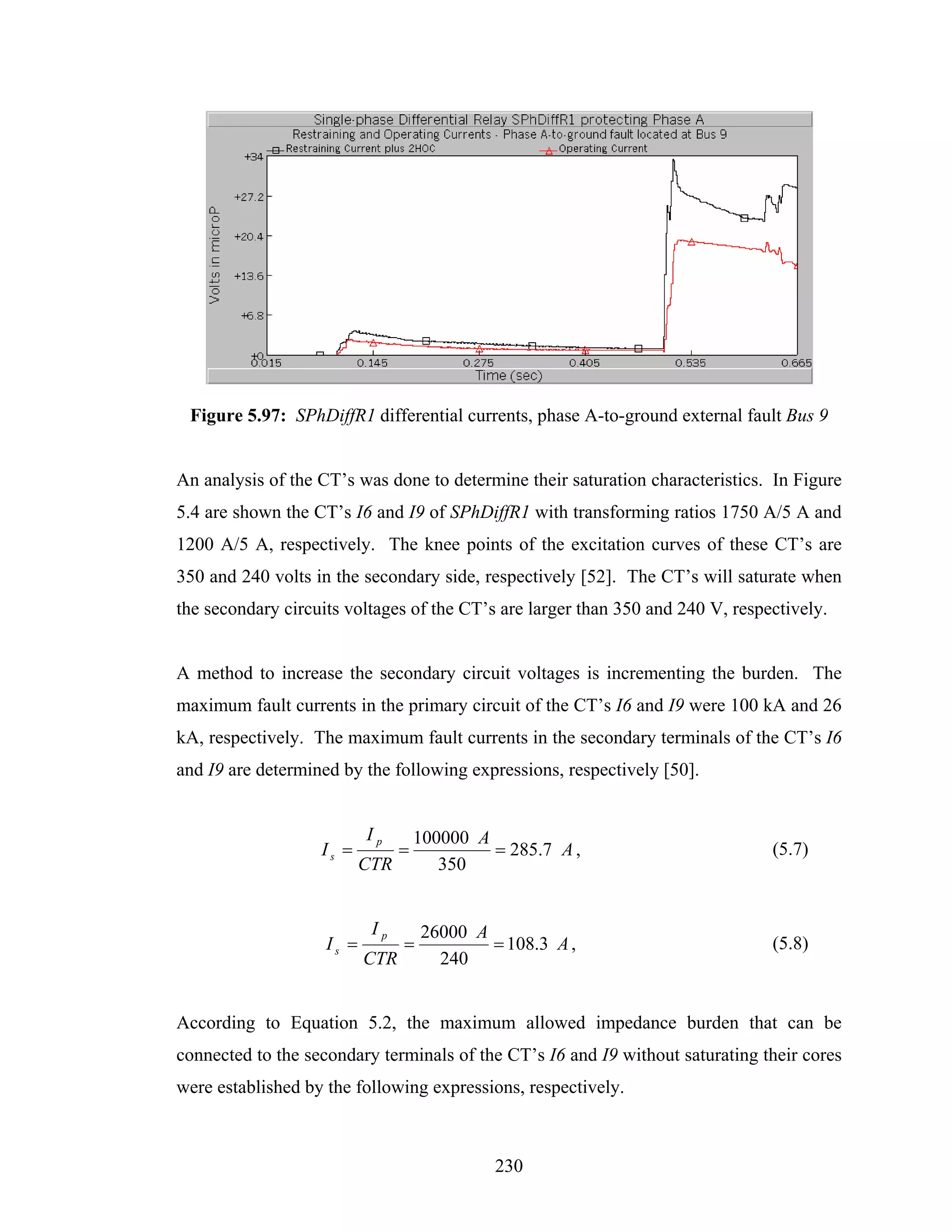 Figure 5.97: SPhDiffR1 differential currents, phase A-to-ground external fault Bus 9


An analysis of the CT’s was done to determine their saturation characteristics. In Figure
5.4 are shown the CT’s I6 and I9 of SPhDiffR1 with transforming ratios 1750 A/5 A and
1200 A/5 A, respectively. The knee points of the excitation curves of these CT’s are
350 and 240 volts in the secondary side, respectively [52]. The CT’s will saturate when
the secondary circuits voltages of the CT’s are larger than 350 and 240 V, respectively.


A method to increase the secondary circuit voltages is incrementing the burden. The
maximum fault currents in the primary circuit of the CT’s I6 and I9 were 100 kA and 26
kA, respectively. The maximum fault currents in the secondary terminals of the CT’s I6
and I9 are determined by the following expressions, respectively [50].


                           Ip        100000 A
                   Is =          =            = 285.7 A ,                       (5.7)
                           CTR          350


                            Ip       26000 A
                    Is =         =           = 108.3 A ,                        (5.8)
                           CTR         240


According to Equation 5.2, the maximum allowed impedance burden that can be
connected to the secondary terminals of the CT’s I6 and I9 without saturating their cores
were established by the following expressions, respectively.



                                              230
 