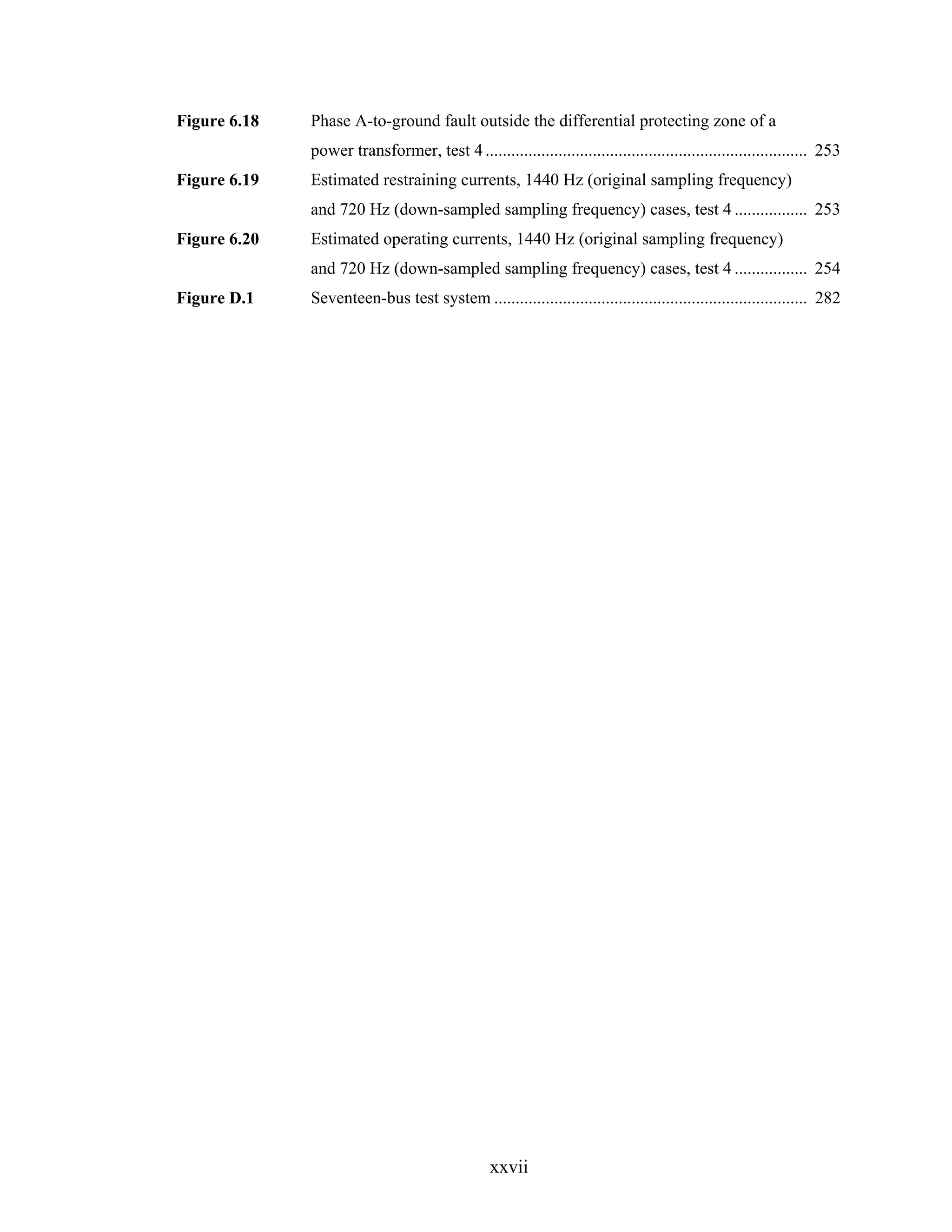 Figure 6.18   Phase A-to-ground fault outside the differential protecting zone of a
              power transformer, test 4 ........................................................................... 253
Figure 6.19   Estimated restraining currents, 1440 Hz (original sampling frequency)
              and 720 Hz (down-sampled sampling frequency) cases, test 4 ................. 253
Figure 6.20   Estimated operating currents, 1440 Hz (original sampling frequency)
              and 720 Hz (down-sampled sampling frequency) cases, test 4 ................. 254
Figure D.1    Seventeen-bus test system ......................................................................... 282




                                                 xxvii
 