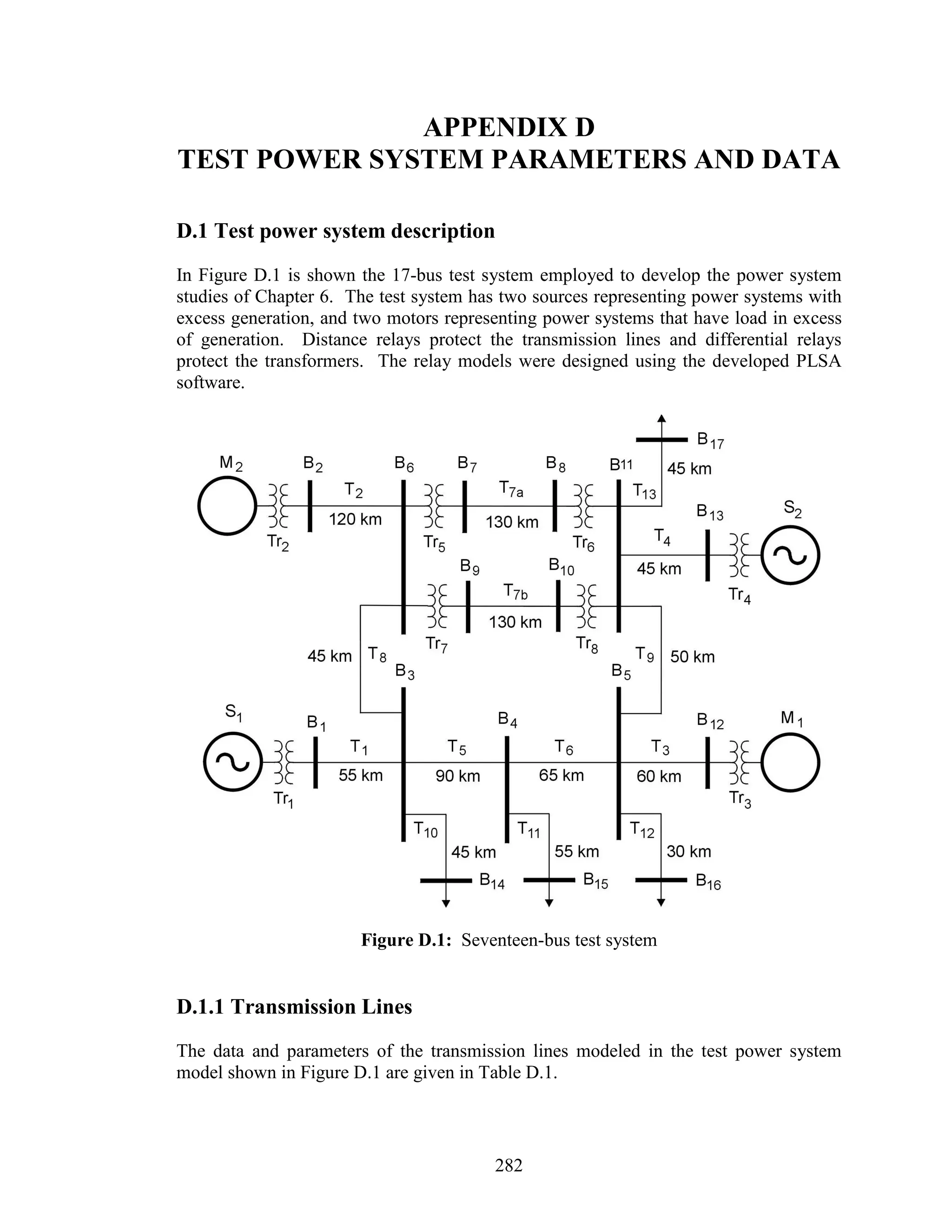 APPENDIX D
TEST POWER SYSTEM PARAMETERS AND DATA

D.1 Test power system description
In Figure D.1 is shown the 17-bus test system employed to develop the power system
studies of Chapter 6. The test system has two sources representing power systems with
excess generation, and two motors representing power systems that have load in excess
of generation. Distance relays protect the transmission lines and differential relays
protect the transformers. The relay models were designed using the developed PLSA
software.




                       Figure D.1: Seventeen-bus test system


D.1.1 Transmission Lines
The data and parameters of the transmission lines modeled in the test power system
model shown in Figure D.1 are given in Table D.1.



                                        282
 