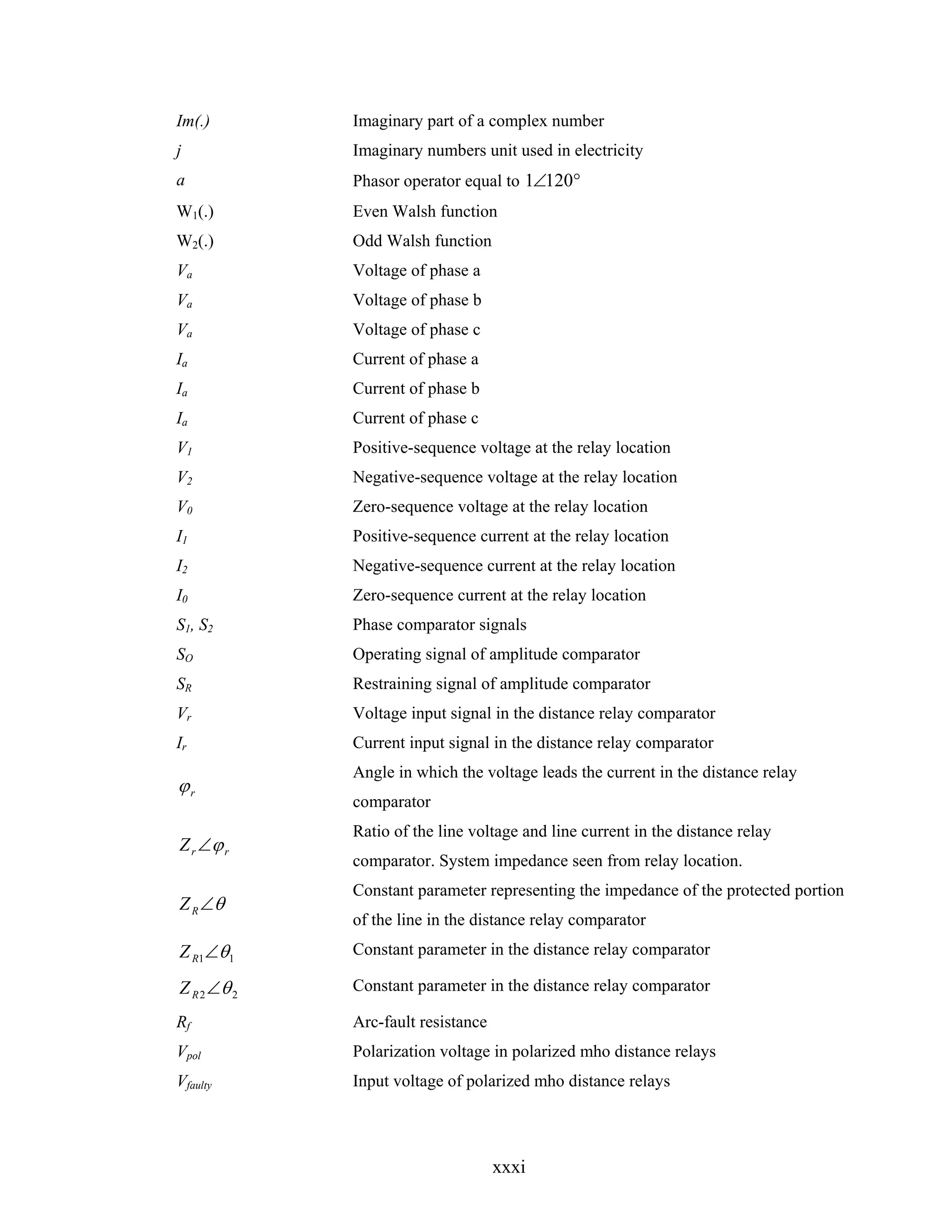 Im(.)        Imaginary part of a complex number
j            Imaginary numbers unit used in electricity
a            Phasor operator equal to 1∠120°
W1(.)        Even Walsh function
W2(.)        Odd Walsh function
Va           Voltage of phase a
Va           Voltage of phase b
Va           Voltage of phase c
Ia           Current of phase a
Ia           Current of phase b
Ia           Current of phase c
V1           Positive-sequence voltage at the relay location
V2           Negative-sequence voltage at the relay location
V0           Zero-sequence voltage at the relay location
I1           Positive-sequence current at the relay location
I2           Negative-sequence current at the relay location
I0           Zero-sequence current at the relay location
S1, S2       Phase comparator signals
SO           Operating signal of amplitude comparator
SR           Restraining signal of amplitude comparator
Vr           Voltage input signal in the distance relay comparator
Ir           Current input signal in the distance relay comparator
             Angle in which the voltage leads the current in the distance relay
ϕr
             comparator
             Ratio of the line voltage and line current in the distance relay
Z r ∠ϕ r
             comparator. System impedance seen from relay location.
             Constant parameter representing the impedance of the protected portion
Z R ∠θ
             of the line in the distance relay comparator
Z R1∠θ1      Constant parameter in the distance relay comparator

Z R 2 ∠θ 2   Constant parameter in the distance relay comparator

Rf           Arc-fault resistance
Vpol         Polarization voltage in polarized mho distance relays
Vfaulty      Input voltage of polarized mho distance relays




                                    xxxi
 