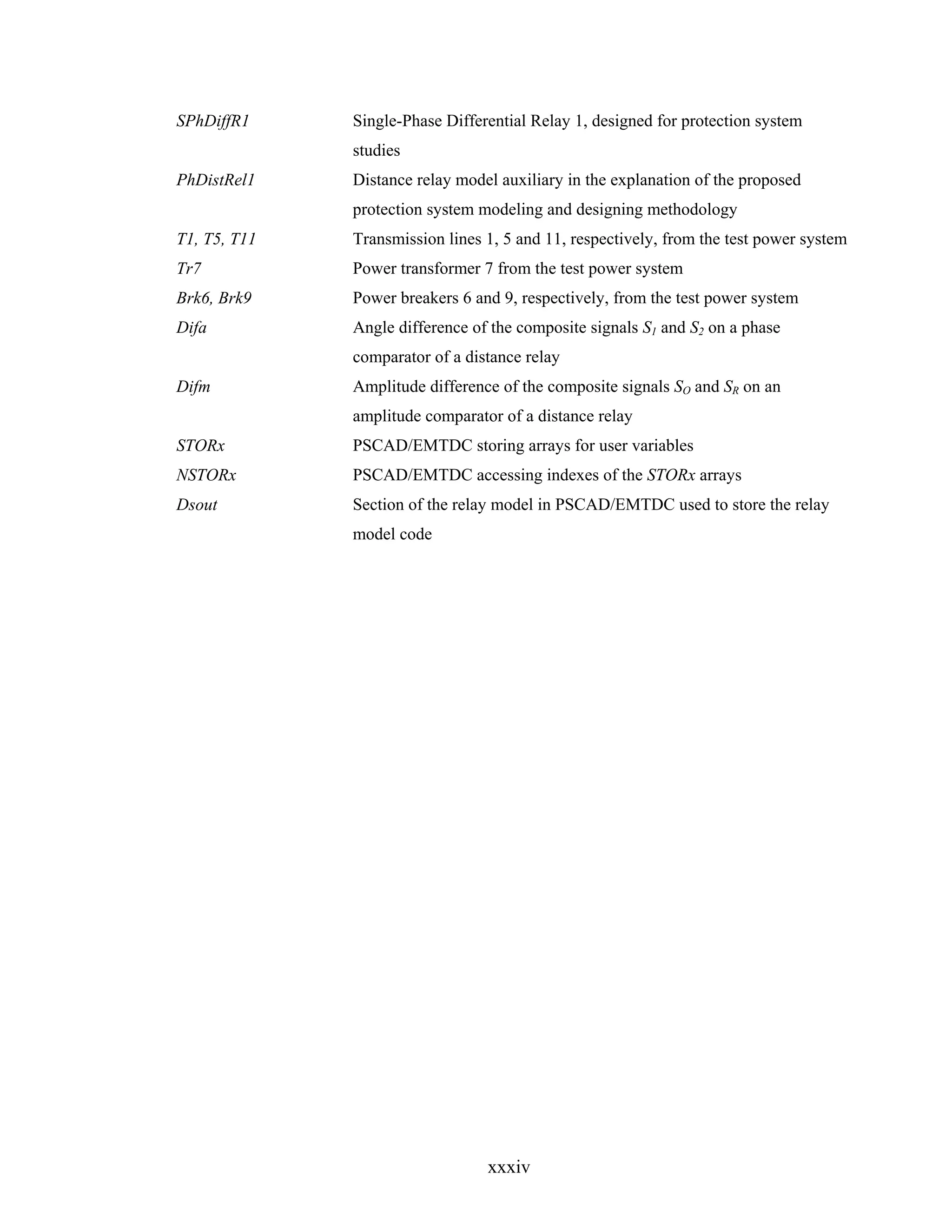 SPhDiffR1     Single-Phase Differential Relay 1, designed for protection system
              studies
PhDistRel1    Distance relay model auxiliary in the explanation of the proposed
              protection system modeling and designing methodology
T1, T5, T11   Transmission lines 1, 5 and 11, respectively, from the test power system
Tr7           Power transformer 7 from the test power system
Brk6, Brk9    Power breakers 6 and 9, respectively, from the test power system
Difa          Angle difference of the composite signals S1 and S2 on a phase
              comparator of a distance relay
Difm          Amplitude difference of the composite signals SO and SR on an
              amplitude comparator of a distance relay
STORx         PSCAD/EMTDC storing arrays for user variables
NSTORx        PSCAD/EMTDC accessing indexes of the STORx arrays
Dsout         Section of the relay model in PSCAD/EMTDC used to store the relay
              model code




                                 xxxiv
 