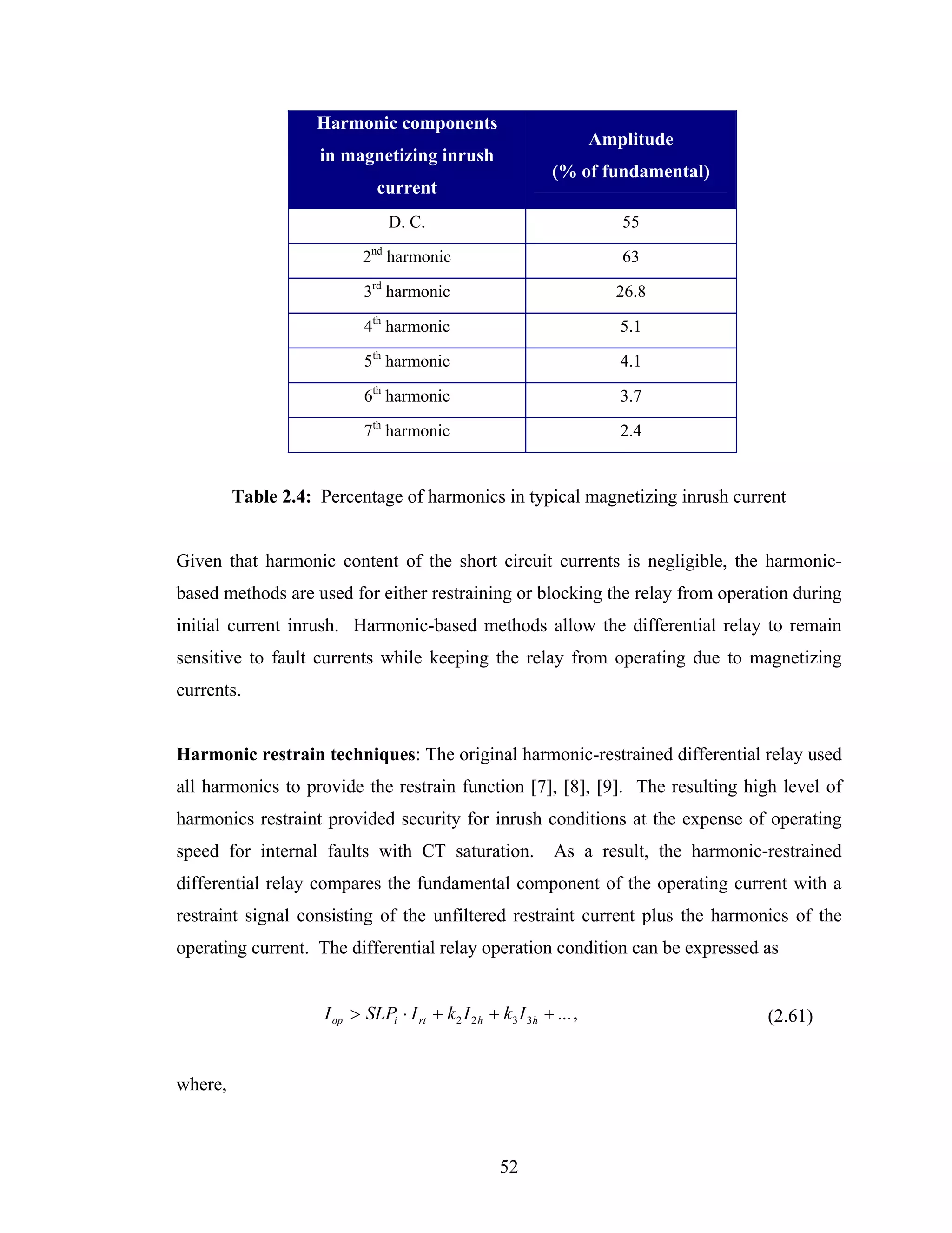 Harmonic components
                                                                         Amplitude
                    in magnetizing inrush
                                                                 (% of fundamental)
                               current
                                 D. C.                                      55

                            2nd harmonic                                    63

                            3rd harmonic                                   26.8

                            4th harmonic                                    5.1

                            5th harmonic                                    4.1

                            6th harmonic                                    3.7

                            7th harmonic                                    2.4


         Table 2.4: Percentage of harmonics in typical magnetizing inrush current


Given that harmonic content of the short circuit currents is negligible, the harmonic-
based methods are used for either restraining or blocking the relay from operation during
initial current inrush. Harmonic-based methods allow the differential relay to remain
sensitive to fault currents while keeping the relay from operating due to magnetizing
currents.


Harmonic restrain techniques: The original harmonic-restrained differential relay used
all harmonics to provide the restrain function [7], [8], [9]. The resulting high level of
harmonics restraint provided security for inrush conditions at the expense of operating
speed for internal faults with CT saturation.                    As a result, the harmonic-restrained
differential relay compares the fundamental component of the operating current with a
restraint signal consisting of the unfiltered restraint current plus the harmonics of the
operating current. The differential relay operation condition can be expressed as


                     I op > SLPi ⋅ I rt + k 2 I 2 h + k 3 I 3h + ... ,                     (2.61)


where,



                                                      52
 
