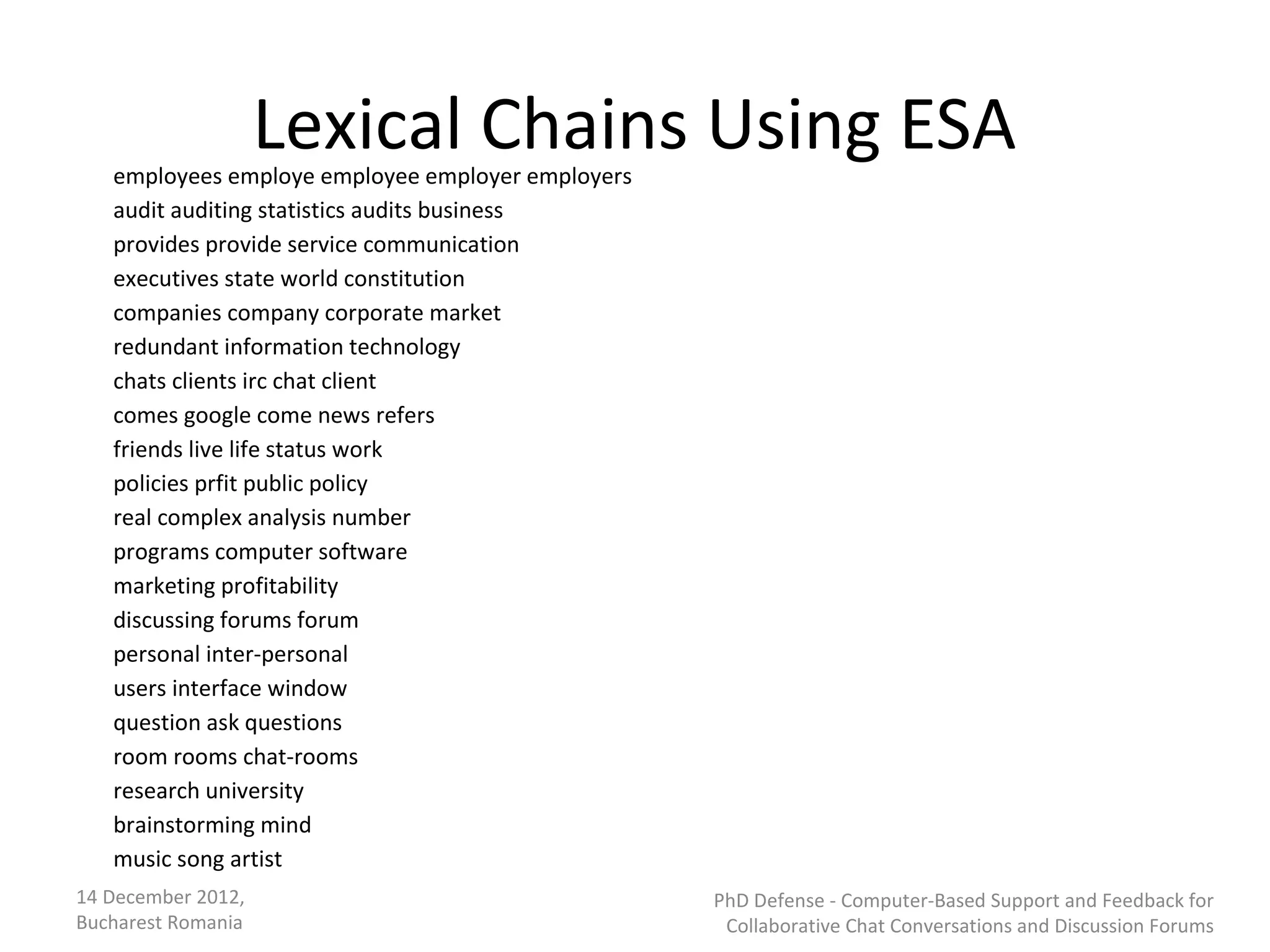 Lexical Chains Using ESA
   employees employe employee employer employers
   audit auditing statistics audits business
   provides provide service communication
   executives state world constitution
   companies company corporate market
   redundant information technology
   chats clients irc chat client
   comes google come news refers
   friends live life status work
   policies prfit public policy
   real complex analysis number
   programs computer software
   marketing profitability
   discussing forums forum
   personal inter-personal
   users interface window
   question ask questions
   room rooms chat-rooms
   research university
   brainstorming mind
   music song artist
14 December 2012,                                  PhD Defense - Computer-Based Support and Feedback for
Bucharest Romania                                   Collaborative Chat Conversations and Discussion Forums
 