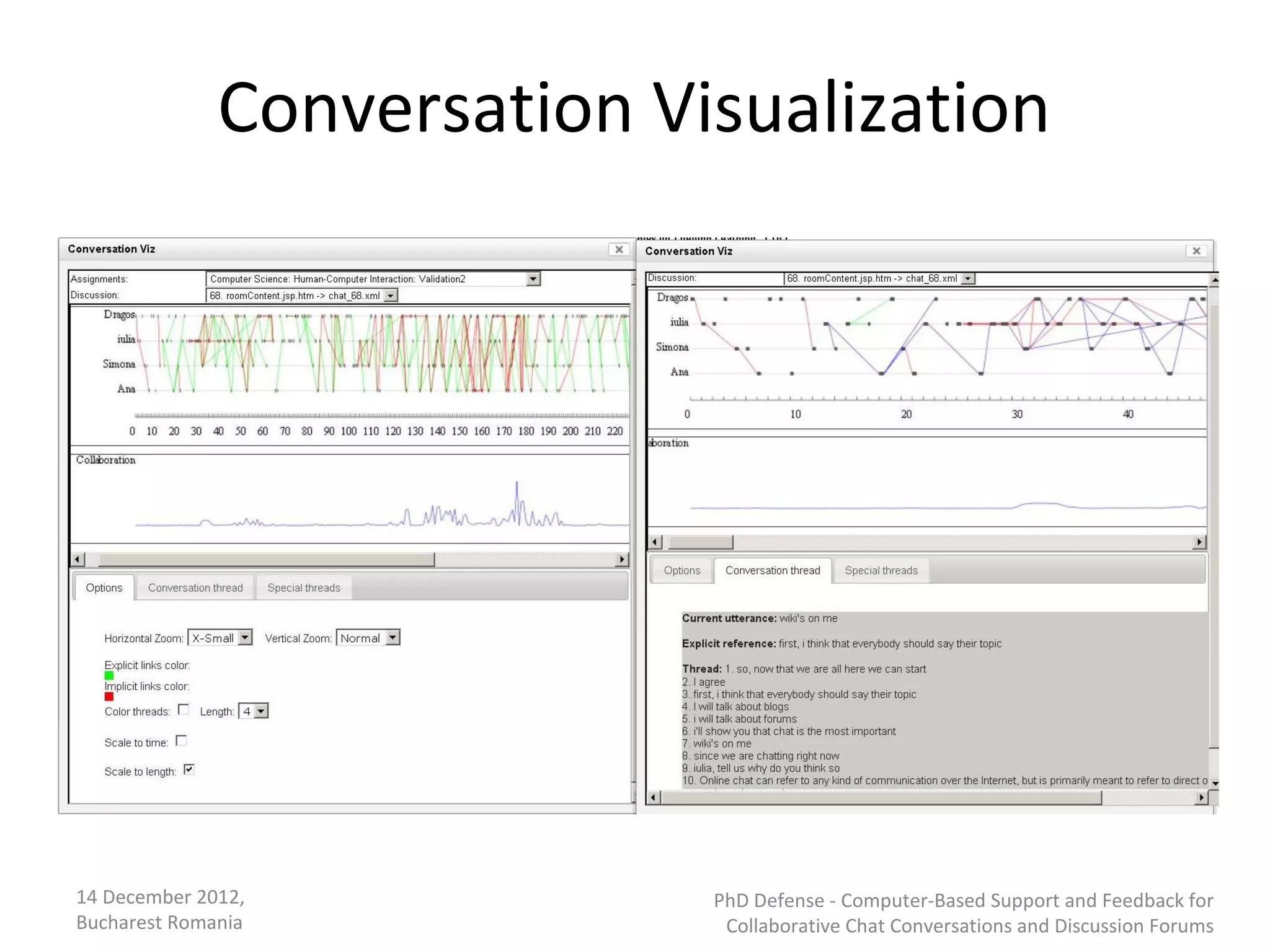 Conversation Visualization




14 December 2012,            PhD Defense - Computer-Based Support and Feedback for
Bucharest Romania             Collaborative Chat Conversations and Discussion Forums
 