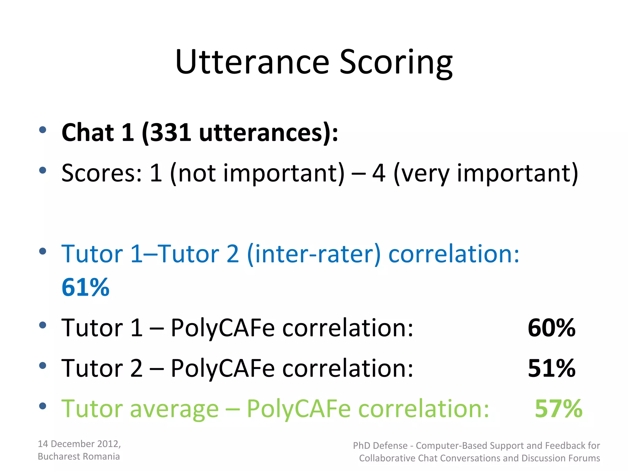 Utterance Scoring
• Chat 1 (331 utterances):
• Scores: 1 (not important) – 4 (very important)

• Tutor 1–Tutor 2 (inter-rater) correlation:
  61%
• Tutor 1 – PolyCAFe correlation:            60%
• Tutor 2 – PolyCAFe correlation:            51%
• Tutor average – PolyCAFe correlation:      57%
14 December 2012,             PhD Defense - Computer-Based Support and Feedback for
Bucharest Romania              Collaborative Chat Conversations and Discussion Forums
 
