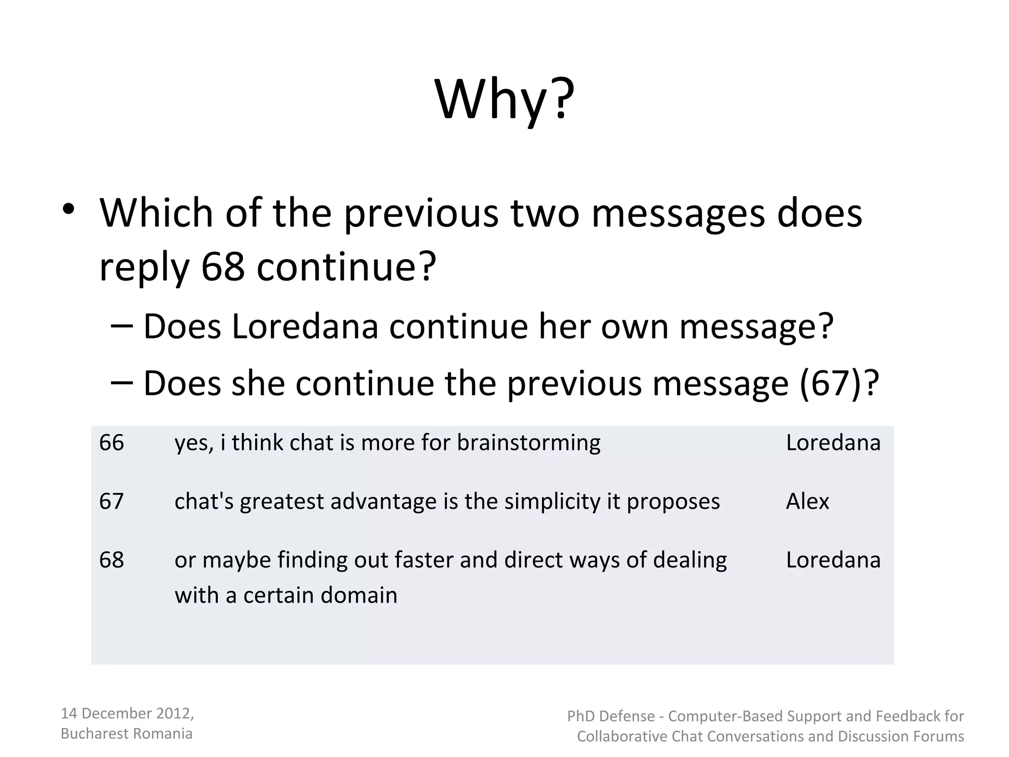 Why?
• Which of the previous two messages does
  reply 68 continue?
      – Does Loredana continue her own message?
      – Does she continue the previous message (67)?
    66        yes, i think chat is more for brainstorming                          Loredana

    67        chat's greatest advantage is the simplicity it proposes              Alex

    68        or maybe finding out faster and direct ways of dealing               Loredana
              with a certain domain



14 December 2012,                                    PhD Defense - Computer-Based Support and Feedback for
Bucharest Romania                                     Collaborative Chat Conversations and Discussion Forums
 