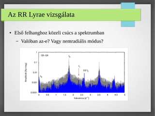 Az RR Lyrae áٲ
● Első felhanghoz közeli csúcs a spektrumban
– Valóban az-e? Vagy nemradiális módus?
 