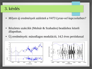 3. kérdés
● Milyen új eredmények születtek a V473 Lyrae-vel kapcsolatban?
● Részletes szakcikk (Molnár & Szabados) beadáshoz közeli
állapotban.
● Új eredmények: másodlagos moduláció, 14,5 éves periódussal
 