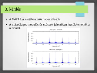 3. kérdés
● A V473 Lyr esetében erős napos aliasok
● A másodlagos modulációs csúcsok jelentősen lecsökkentették a
reziduált
 