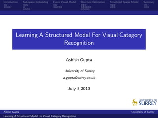 Introduction Sub-space Embedding Fuzzy Visual Model Structure Estimation Structured Sparse Model Summary
Learning A Structured Model For Visual Category
Recognition
Ashish Gupta
University of Surrey
a.gupta@surrey.ac.uk
July 5,2013
Ashish Gupta University of Surrey
Learning A Structured Model For Visual Category Recognition
 