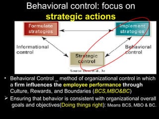 Behavioral control: focus on
strategic actions
• Behavioral Control _ method of organizational control in which
a firm influences the employee performance through
Culture, Rewards, and Boundaries (BCS,MBO&BC)
 Ensuring that behavior is consistent with organizational overall
goals and objectives(Doing things right): Means BCS, MBO & BC.
 