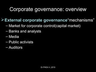 Dr.PHEA V.,2010
Corporate governance: overview
External corporate governance“mechanisms”
– Market for corporate control(capital market)
– Banks and analysts
– Media
– Public activists
– Auditors
 