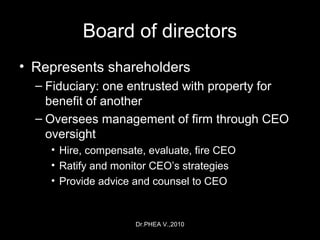 Dr.PHEA V.,2010
Board of directors
• Represents shareholders
– Fiduciary: one entrusted with property for
benefit of another
– Oversees management of firm through CEO
oversight
• Hire, compensate, evaluate, fire CEO
• Ratify and monitor CEO’s strategies
• Provide advice and counsel to CEO
 