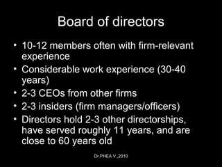 Dr.PHEA V.,2010
Board of directors
• 10-12 members often with firm-relevant
experience
• Considerable work experience (30-40
years)
• 2-3 CEOs from other firms
• 2-3 insiders (firm managers/officers)
• Directors hold 2-3 other directorships,
have served roughly 11 years, and are
close to 60 years old
 