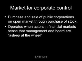 Dr.PHEA V.,2010
Market for corporate control
• Purchase and sale of public corporations
on open market through purchase of stock
• Operates when actors in financial markets
sense that management and board are
“asleep at the wheel”
 