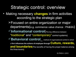 Dr.PHEA V.,2012
Strategic control: overview
• Making necessary changes in firm activities
according to the strategic plan
Focused on entire organization or major
departments(e.g. commence value chance : PA&SA)
Informational control(The key difference between
“traditional” and “contemporary” control systems)
Behavioral control_ method of organizational control in which
a firm influences the actions of employee through Culture, rewards,
and boundaries(The benefits of having the proper balance among
the three levers) :
 