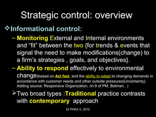 Dr.PHEA V.,2012
Strategic control: overview
Informational control:
– Monitoring External and Internal environments
and “fit” between the two {for trends & events that
signal the need to make modifications(change) to
a firm’s strategies , goals, and objectives}.
– Ability to respond effectively to environmental
change(based on Act fast and the ability to adapt to changing demands in
accordance with customer needs and other outside pressures(Uncertainty).
Adding source: Responsive Organization, ch.9 of PM, Batman.. )
Two broad types :Traditional practice contrasts
with contemporary approach
 