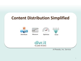 Content Distribution Simplified


    Distribute   Measure   Optimize     Grow




                                      A Pheedo, Inc. Service



                                                               1
 