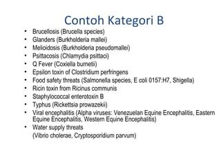 Contoh Kategori B
• Brucellosis (Brucella species)
• Glanders (Burkholderia mallei)
• Melioidosis (Burkholderia pseudomallei)
• Psittacosis (Chlamydia psittaci)
• Q Fever (Coxiella burnetii)
• Epsilon toxin of Clostridium perfringens
• Food safety threats (Salmonella species, E coli 0157:H7, Shigella)
• Ricin toxin from Ricinus communis
• Staphylococcal enterotoxin B
• Typhus (Rickettsia prowazekii)
• Viral encephalitis (Alpha viruses: Venezuelan Equine Encephalitis, Eastern
Equine Encephalitis, Western Equine Encephalitis)
• Water supply threats
(Vibrio cholerae, Cryptosporidium parvum)
 