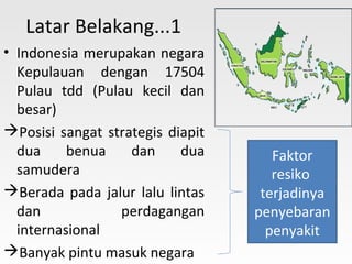 Latar Belakang...1
• Indonesia merupakan negara
Kepulauan dengan 17504
Pulau tdd (Pulau kecil dan
besar)
Posisi sangat strategis diapit
dua benua dan dua
samudera
Berada pada jalur lalu lintas
dan perdagangan
internasional
Banyak pintu masuk negara
Faktor
resiko
terjadinya
penyebaran
penyakit
 