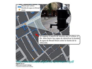 Muerte por cólera 
Bomba de agua en Broad 
street 
Al mapear el patrón de muertes por el cólera, el 
Dr. John Snow fue capaz de identificar la bomba 
de agua de Broad Street como la fuente de la 
infección. 
http://www.scielo.cl/pdf/rci/v24n4/art14.pdf 
 