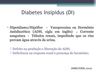 Diabetes Insipidus (DI)
• Hipotálamo/Hipófise Vasopressina ou Hormônio
Antidiurético (ADH, sigla em inglês) Corrente
sanguínea Túbulos renais, impedindo que os rins
percam água através da urina.
 Defeito na produção e liberação do ADH;
 Deficiência na resposta renal à presença do hormônio;
(SMELTZER, 2012)
 