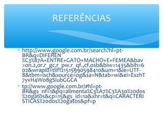 REFERÊNCIAS


∗ http://www.google.com.br/search?hl=pt-
  BR&q=DIFEREN
  %C3%87A+ENTRE+GATO+MACHO+E+FEMEA&bav
  =on.2,or.r_gc.r_pw.r_qf.,cf.osb&biw=1435&bih=6
  02&wrapid=tlif121515990598410&um=1&ie=UTF-
  8&tbm=isch&source=og&sa=N&tab=wi&ei=EszhT
  7yvH4Wo8gSiubGGCA
∗ tp://www.google.com.br/#hl=pt-
  BR&gs_nf=1&pq=alimenta%C3%A7%C3%A3o%20dos
  %20gatos&cp=15&gs_id=1a&xhr=t&q=CARACTERI
  STICAS%20dos%20gatos&pf=p
 