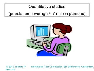 Quantitative studies
  (population coverage ≈ 7 million persons)




© 2012, Richard P                                       11
                     International Test Commission, 8th Conference, Amsterdam,
PHELPS
 
