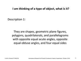 © 2016, Richard P PHELPS International Research-to-Practice Conference, Astana, Kazakhstan, October, 2016 11
I am thinking of a type of object, what is it?
They are shapes, geometric plane figures,
polygons, quadrilaterals, and parallelograms
with opposite equal acute angles, opposite
equal obtuse angles, and four equal sides
Description 1:
 