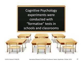 © 2016, Richard P PHELPS International Research-to-Practice Conference, Astana, Kazakhstan, October, 2016 22
Cognitive Psychology
experiments were
conducted with
“formative” tests in
schools and classrooms
 