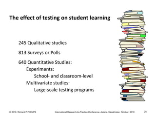 © 2016, Richard P PHELPS International Research-to-Practice Conference, Astana, Kazakhstan, October, 2016 25
245 Qualitative studies
813 Surveys or Polls
640 Quantitative Studies:
Experiments:
School- and classroom-level
Multivariate studies:
Large-scale testing programs
The effect of testing on student learning
 