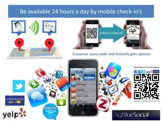 Be available 24 hours a day by mobile check-in’s




                    Customer scans code and instantly gets specials
 