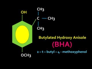 OH
C
CH3
CH3
CH3
OCH3
Butylated Hydroxy Anisole
2 – t – butyl – 4 - methoxyphenol
 