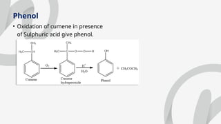 Phenol
• Oxidation of cumene in presence
of Sulphuric acid give phenol.
 