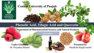 Central University of Punjab
Under Guidance
Dr. Priyanka Sharma
Presented by
Akanksha Raghuvanshi
Department of Pharmaceutical Sciences and Natural Products
Phenolic Acid, Ellagic Acid and Quercetin
Presentation
 