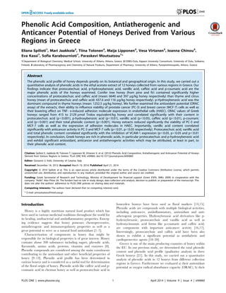 Phenolic Acid Composition, Antiatherogenic and
Anticancer Potential of Honeys Derived from Various
Regions in Greece
Eliana Spilioti1
, Mari Jaakkola2
, Tiina Tolonen2
, Maija Lipponen2
, Vesa Virtanen2
, Ioanna Chinou3
,
Eva Kassi1
, Sofia Karabournioti1
, Paraskevi Moutsatsou1
*
1 Department of Biological Chemistry, Medical School, University of Athens, Athens, Greece, 2 CEMIS-Oulu, Kajaani University Consortium, University of Oulu, Sotkamo,
Finland, 3 Laboratory of Pharmacognosy and Chemistry of Natural Products, Department of Pharmacy, University of Athens, Panepistimioupolis, Athens, Greece
Abstract
The phenolic acid profile of honey depends greatly on its botanical and geographical origin. In this study, we carried out a
quantitative analysis of phenolic acids in the ethyl acetate extract of 12 honeys collected from various regions in Greece. Our
findings indicate that protocatechuic acid, p-hydroxybenzoic acid, vanillic acid, caffeic acid and p-coumaric acid are the
major phenolic acids of the honeys examined. Conifer tree honey (from pine and fir) contained significantly higher
concentrations of protocatechuic and caffeic acid (mean: 6640 and 397 mg/kg honey respectively) than thyme and citrus
honey (mean of protocatechuic and caffeic acid: 437.6 and 116 mg/kg honey respectively). p-Hydroxybenzoic acid was the
dominant compound in thyme honeys (mean: 1252.5 mg/kg honey). We further examined the antioxidant potential (ORAC
assay) of the extracts, their ability to influence viability of prostate cancer (PC-3) and breast cancer (MCF-7) cells as well as
their lowering effect on TNF- a-induced adhesion molecule expression in endothelial cells (HAEC). ORAC values of Greek
honeys ranged from 415 to 2129 mmol Trolox equivalent/kg honey and correlated significantly with their content in
protocatechuic acid (p,0.001), p-hydroxybenzoic acid (p,0.01), vanillic acid (p,0.05), caffeic acid (p,0.01), p-coumaric
acid (p,0.001) and their total phenolic content (p,0.001). Honey extracts reduced significantly the viability of PC-3 and
MCF-7 cells as well as the expression of adhesion molecules in HAEC. Importantly, vanillic acid content correlated
significantly with anticancer activity in PC-3 and MCF-7 cells (p,0.01, p,0.05 respectively). Protocatechuic acid, vanillic acid
and total phenolic content correlated significantly with the inhibition of VCAM-1 expression (p,0.05, p,0.05 and p,0.01
respectively). In conclusion, Greek honeys are rich in phenolic acids, in particular protocatechuic and p-hydroxybenzoic acid
and exhibit significant antioxidant, anticancer and antiatherogenic activities which may be attributed, at least in part, to
their phenolic acid content.
Citation: Spilioti E, Jaakkola M, Tolonen T, Lipponen M, Virtanen V, et al. (2014) Phenolic Acid Composition, Antiatherogenic and Anticancer Potential of Honeys
Derived from Various Regions in Greece. PLoS ONE 9(4): e94860. doi:10.1371/journal.pone.0094860
Editor: Giovanni Li Volti, University of Catania, Italy
Received December 18, 2013; Accepted March 19, 2014; Published April 21, 2014
Copyright: ß 2014 Spilioti et al. This is an open-access article distributed under the terms of the Creative Commons Attribution License, which permits
unrestricted use, distribution, and reproduction in any medium, provided the original author and source are credited.
Funding: Greek Secretariat of Research and Technology, Ministry of Development for financial support (Grant ESPA, SMEs 2009) in cooperation with the
company ‘‘Attiki’’ Alex Pittas SA. The funders had no role in study design, data collection and analysis, decision to publish, or preparation of the manuscript. This
does not alter the authors’ adherence to PLOS ONE policies on sharing data and materials.
Competing Interests: The authors have declared that no competing interests exist.
* E-mail: pmoutsatsou@med.uoa.gr
Introduction
Honey is a highly nutritious natural food product which has
been used in various medicinal traditions throughout the world for
its healing, antibacterial and antiinflammatory properties. Emerg-
ing evidence suggests that honey possesses chemopreventive,
antiatherogenic and immunoregulatory properties as well as a
great potential to serve as a natural food antioxidant [1–7].
Characterization of components in honey that might be
responsible for its biological properties is of great interest. Honey
contains about 200 substances including sugars, phenolic acids,
flavonoids, amino acids, proteins, vitamins and enzymes [8].
Phenolic compounds are considered among the main constituents
contributing to the antioxidant and other beneficial properties of
honey [9–13]. Phenolic acid profile has been determined in
various honeys and is considered as a useful tool for determination
of the floral origin of honey. Phenolic acids like caffeic acid and p-
coumaric acid in chestnut honey as well as protocatechuic acid in
honeydew honeys have been used as floral markers [14,15].
Phenolic acids are compounds with multiple biological activities,
including anticancer, antiinflammatory, antioxidant and anti-
atherogenic properties. Hydroxybenzoic acid derivatives like p-
hydroxybenzoic, protocatechuic and vanillic acid as well as
hydroxycinnamic acid forms like p-coumaric and caffeic acid,
are components with important anticancer activity [16,17].
Interestingly, protocatechuic and caffeic acid have been also
shown to exhibit a significant potential as antidiabetic and
cardioprotective agents [18–20].
Greece is one of the main producing countries of honey within
the EU. In our previous study, we determined the total phenolic
content and phenolic acid profile (qualitative analysis) in three
Greek honeys [21]. In this study, we carried out a quantitative
analysis of phenolic acids in 12 honeys from different collection
regions in Greece. Furthermore we evaluated a) their antioxidant
potential as oxygen radical absorbance capacity (ORAC), b) their
PLOS ONE | www.plosone.org 1 April 2014 | Volume 9 | Issue 4 | e94860
 