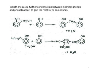 In both the cases further condensation between methylol phenols
and phenols occurs to give the methylene compounds:
6
 