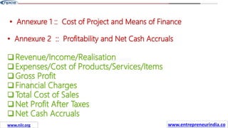 Missions
• Annexure 1 :: Cost of Project and Means of Finance
• Annexure 2 :: Profitability and Net Cash Accruals
Revenue/Income/Realisation
Expenses/Cost of Products/Services/Items
Gross Profit
Financial Charges
Total Cost of Sales
Net Profit After Taxes
Net Cash Accruals
www.entrepreneurindia.co
www.niir.org
 