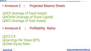 Missions
• Annexure 5 :: Projected Balance Sheets
ROI (Average of Fixed Assets)
RONW (Average of Share Capital)
ROI (Average of Total Assets)
• Annexure 6 :: Profitability Ratios
D.S.C.R
Earnings Per Share (EPS)
Debt Equity Ratio
www.entrepreneurindia.co
www.niir.org
 
