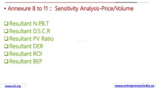 Missions
• Annexure 8 to 11 :: Sensitivity Analysis-Price/Volume
Resultant N.P
.B.T
Resultant D.S.C.R
Resultant PV Ratio
Resultant DER
Resultant ROI
Resultant BEP
www.entrepreneurindia.co
www.niir.org
 