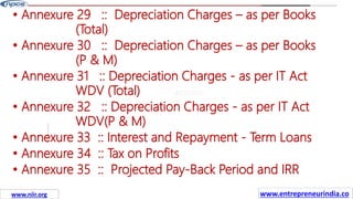 Missions
• Annexure 29 :: Depreciation Charges – as per Books
(Total)
• Annexure 30 :: Depreciation Charges – as per Books
(P & M)
• Annexure 31 :: Depreciation Charges - as per IT Act
WDV (Total)
• Annexure 32 :: Depreciation Charges - as per IT Act
WDV(P & M)
• Annexure 33 :: Interest and Repayment - Term Loans
• Annexure 34 :: Tax on Profits
• Annexure 35 :: Projected Pay-Back Period and IRR
www.entrepreneurindia.co
www.niir.org
 