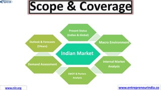 www.guavacorps.com
12
Present Status
(Indian & Global)
Macro Environment
Outlook & Forecasts
(5Years)
Indian Market
Demand Assessment
SWOT & Porters
Analysis
Internal Market
Analysis
www.entrepreneurindia.co
www.niir.org
 