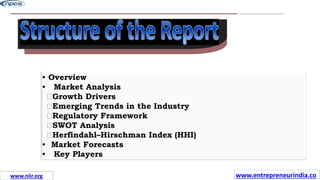 www.guavacorps.com
12
• Overview
• Market Analysis
Growth Drivers
Emerging Trends in the Industry
Regulatory Framework
SWOT Analysis
Herfindahl–Hirschman Index (HHI)
• Market Forecasts
• Key Players
www.entrepreneurindia.co
www.niir.org
 