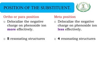 POSITION OF THE SUBSTITUENT.
Ortho or para position
o Delocalize the negative
charge on phenoxide ion
more effectively.
o 5 resonating structures
Meta position
o Delocalize the negative
charge on phenoxide ion
less effectively.
o 4 resonating structures
 